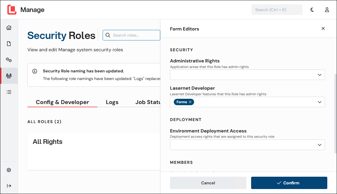 The security role editing panel for the Form Editors security role.